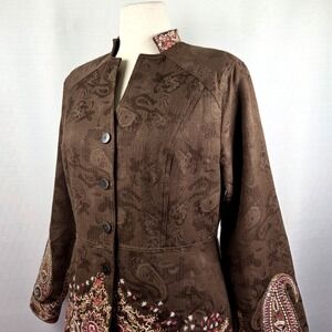 Coldwater Creek Tapestry Jacket Womens 12 Brown Paisley Button Front Embroidered